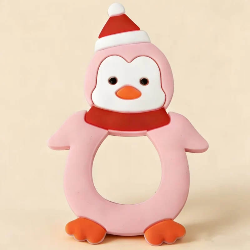 christmas penguin silicone teether & pacifier clip set food grade, bpa free baby teething toy for sensory play