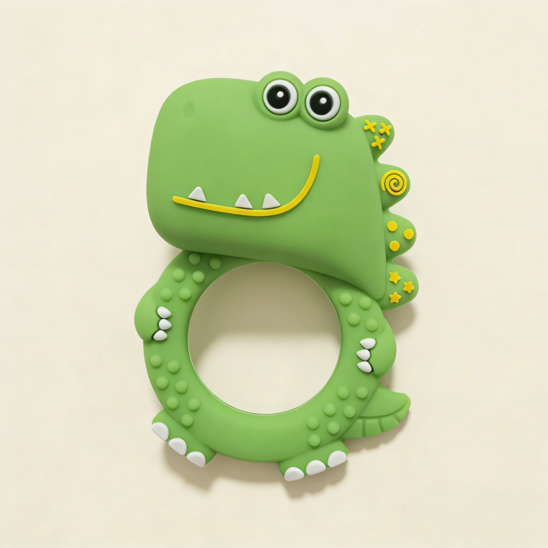 dinosaur baby teething rattle toy made of food grade silicone, safe for chewing, easy grip design, suitable for babies 3 months+
