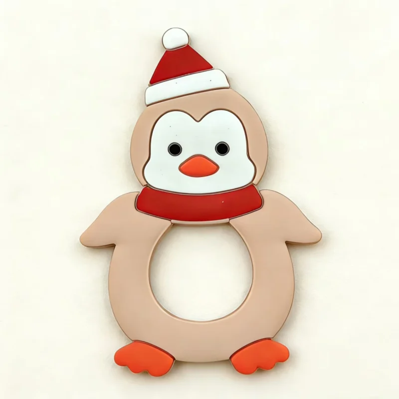 christmas penguin silicone teether & pacifier clip set food grade, bpa free baby teething toy for sensory play