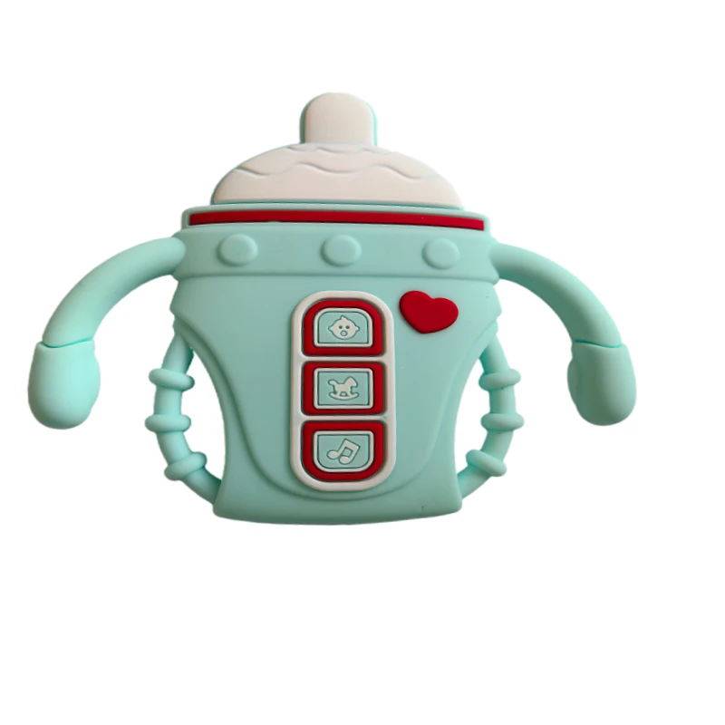 milk bottle shaped baby teether: silicone teething stick with fun buttons, hand biting prevention, pink/green/blue/purple