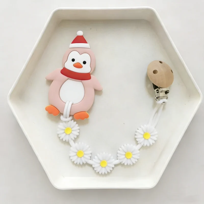 christmas penguin silicone teether & pacifier clip set food grade, bpa free baby teething toy for sensory play