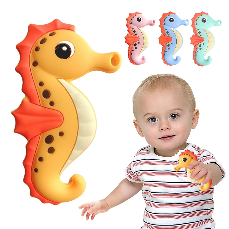 seahorse teether diy baby gift, bpa free silicone teething toy for newborns, freezable chew toy for infant gum relief