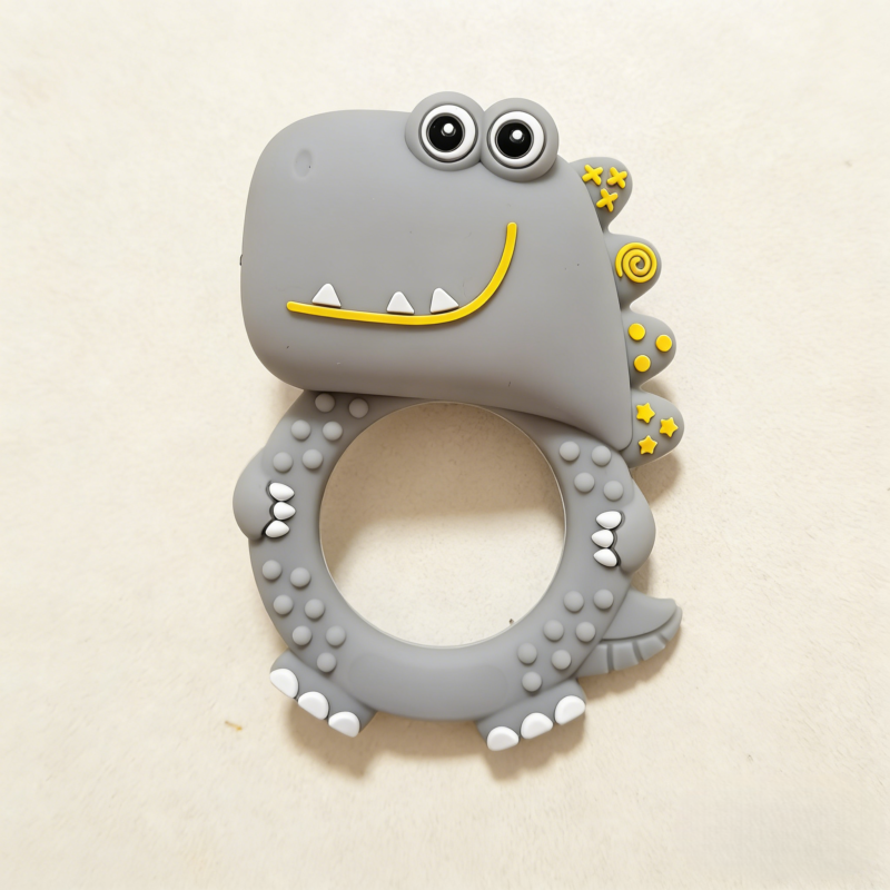 yikang dinosaur shaped bpa free silicone teether ring with rattle easy grip soft baby toys for 0 24 months (3 month+)