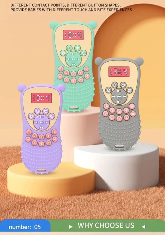 Promotional image of Purple, Green and Gray silicone bear-ear phone teethers standing on display podiums, with headline text and a WHY CHOOSE US banner