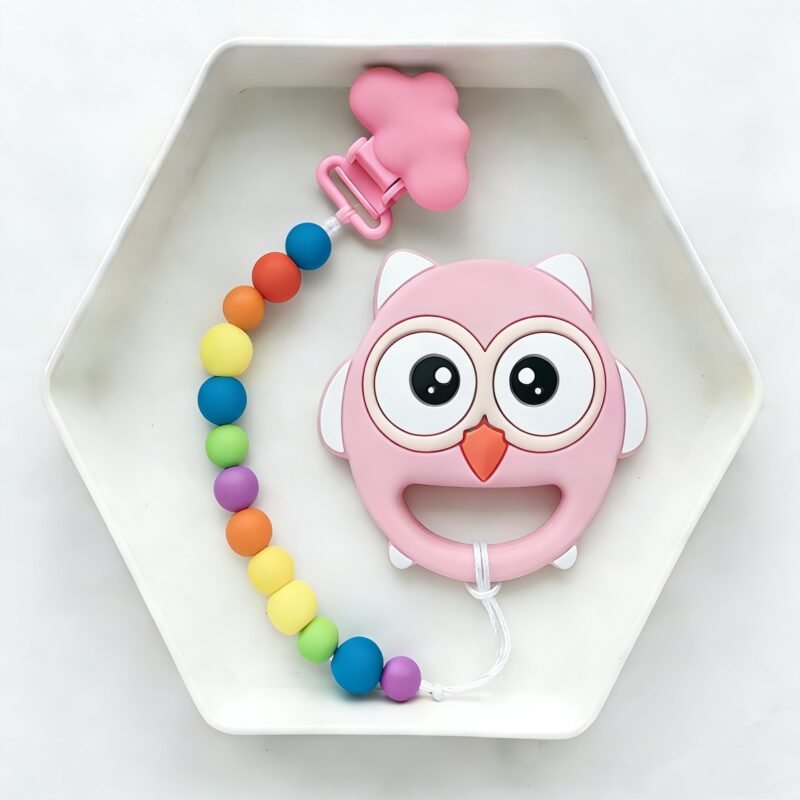 hot selling owl shape silicone teether food grade, ce & cpc certified, diy baby teething toy for 0 4 year olds
