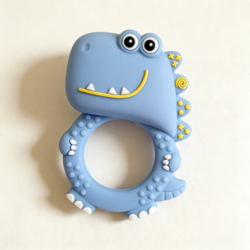 dinosaur baby teething rattle toy made of food grade silicone, safe for chewing, easy grip design, suitable for babies 3 months+