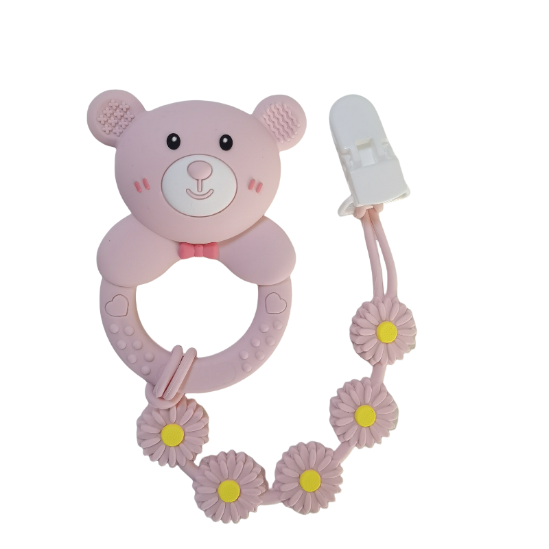 yikang bear rattle teether set with chain & box multi color food grade silicone baby gift for new year/christmas (0 12m)