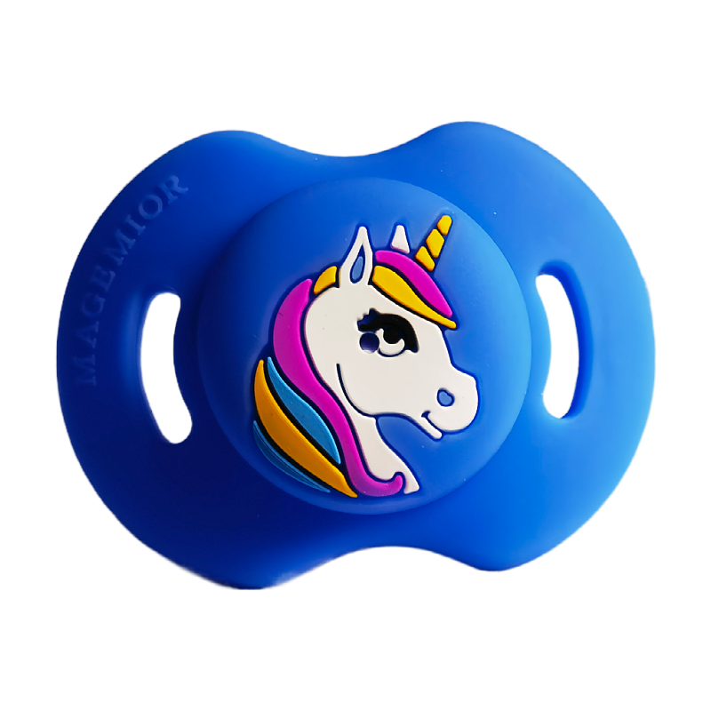 wholesale custom unicorn design baby pacifier, bpa free medical grade silicone, handle free small arc for infants 0 24 months