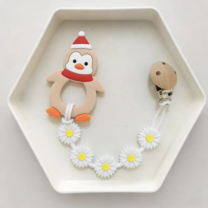 christmas penguin silicone teether & pacifier clip set food grade, bpa free baby teething toy for sensory play
