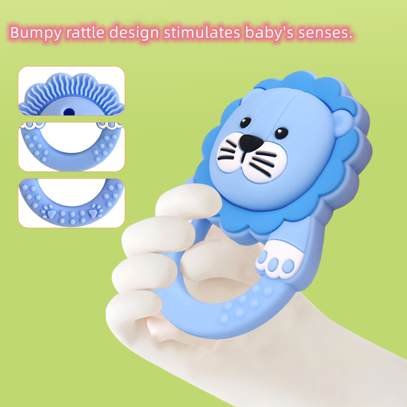 baby teether toy lion shaped rattle food grade silicone, cpc/ce certified, bright colors, safe & eco friendly, 4 color