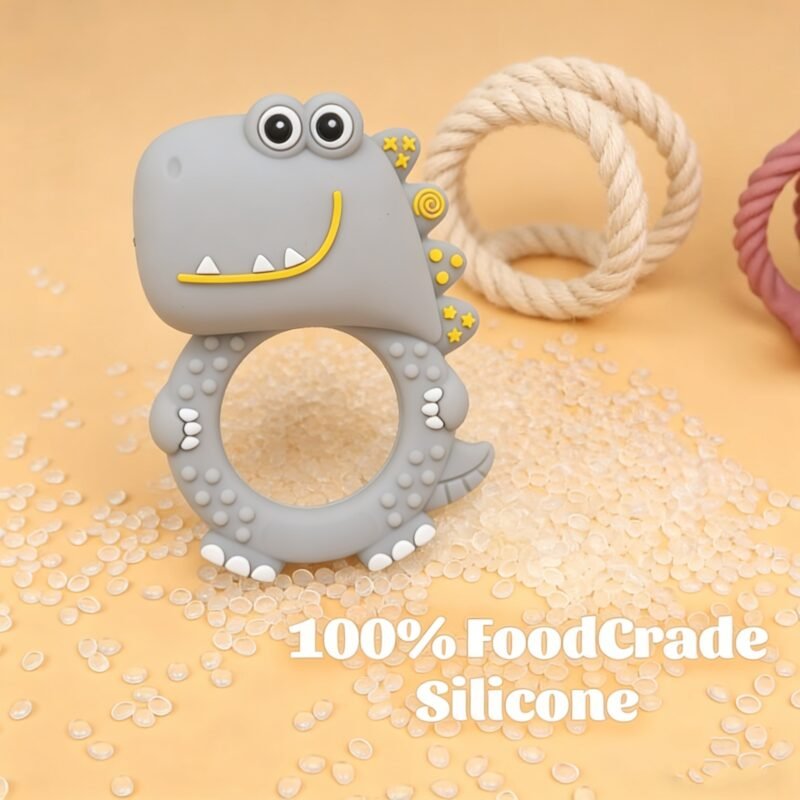 dinosaur animal design soft food grade silicone chew toy bpa free teething rattle for babies 0 24 months