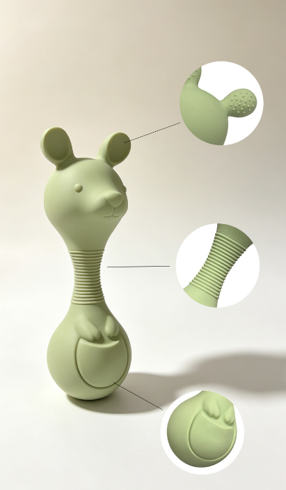 kangaroo 2 Kangaroo silicone rattle teether details – textured chew ears and ribbed grip