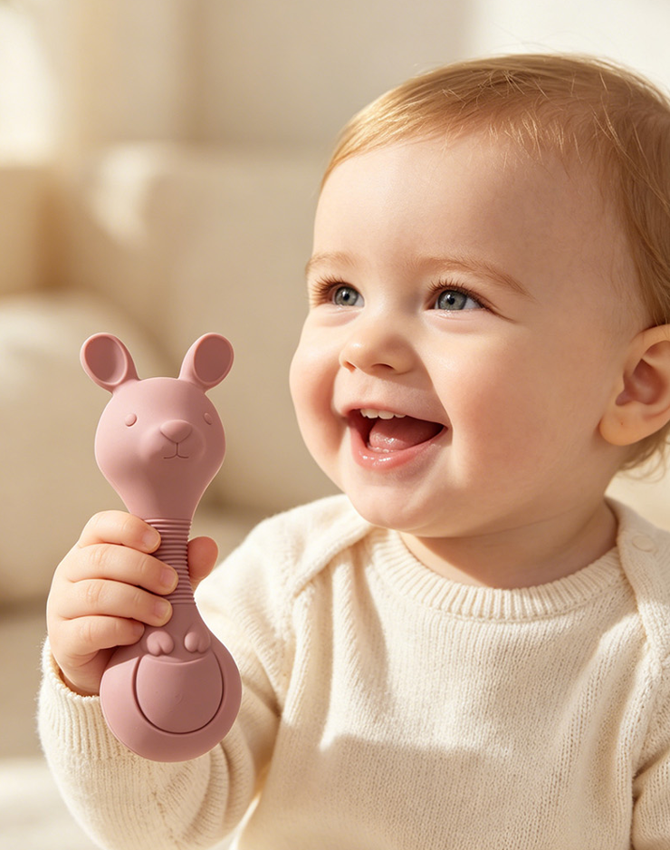 Baby holding pink kangaroo silicone rattle teether
