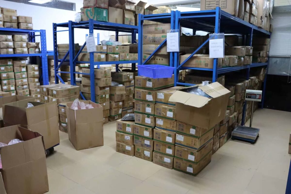 Warehouse storage racks stocked with ready silicone baby products
